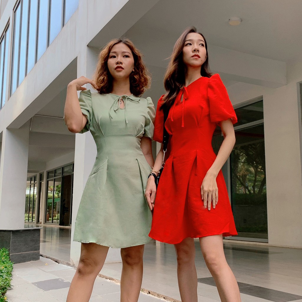 [ẢNH THẬT] Đầm xốp nhún thắt nơ cổ khoét giọt nước DK003