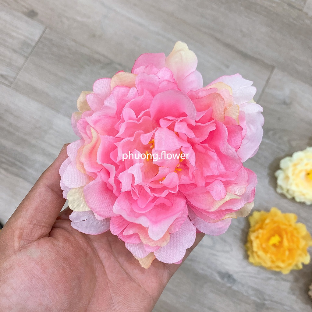 Đầu bông hoa mẫu đơn bằng lụa size lớn 13cm đủ màu dùng trang trí quà tết, oản, decor cổng, tường hoa