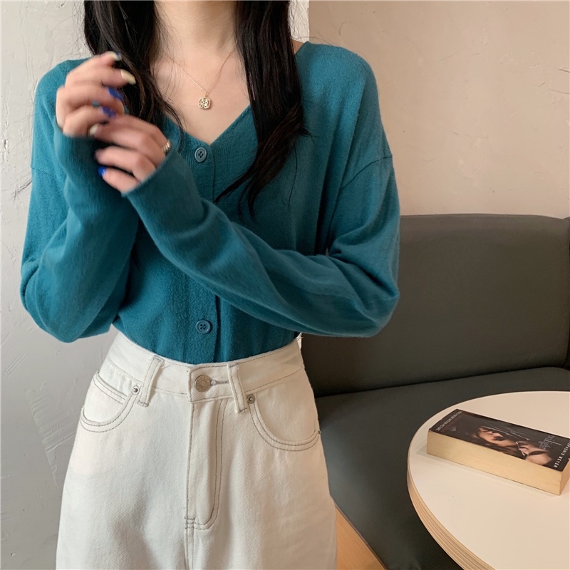 Áo Khoác cardigan Dệt Kim Tay Dài Cổ Chữ V Thời Trang Hàn Quốc Cho Nữ
