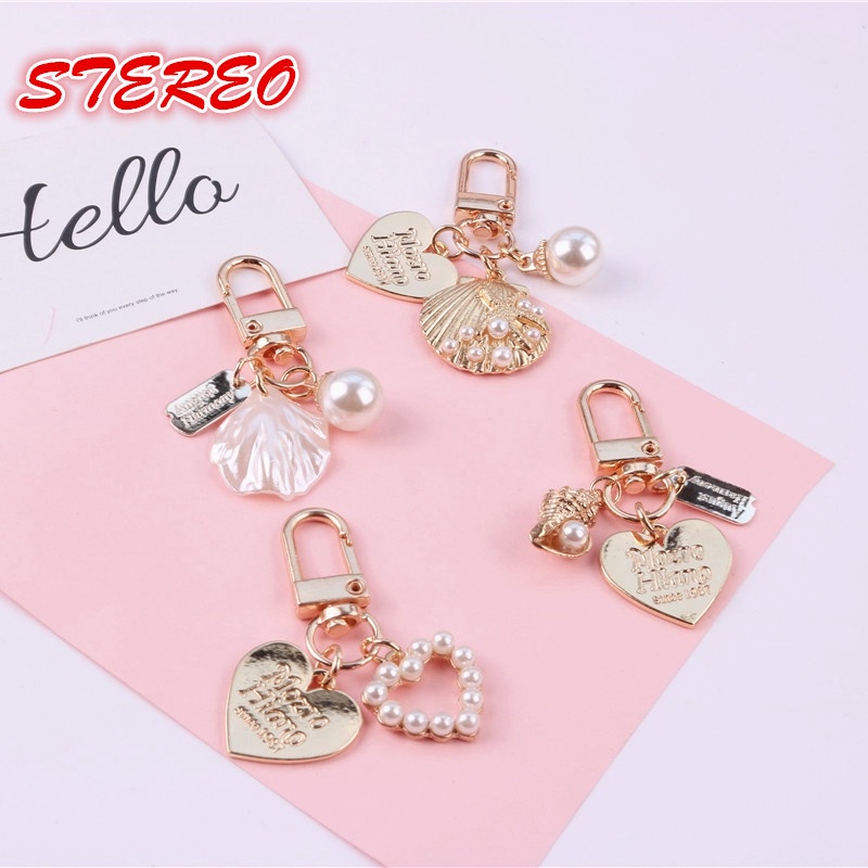 Móc khóa kim loại hình trái tim vỏ sò đính ngọc trai sáng tạo