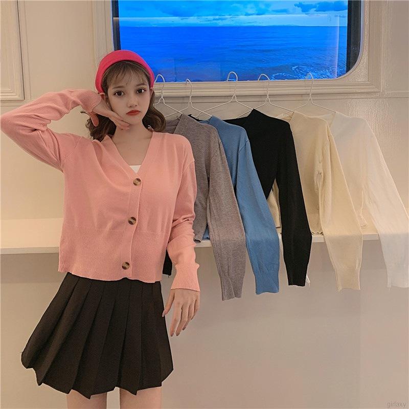 Áo Cardigan Dệt Kim Tay Dài Cổ Chữ V Màu Trơn Đơn Giản Phong Cách Hàn Quốc