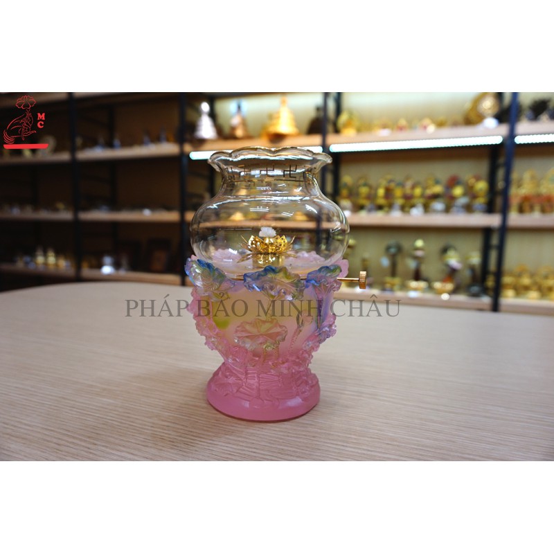 [PHÁP BẢO MINH CHÂU] Đèn Dầu Hoa Sen Nổi Lưu Ly - Hồng (1 chiếc)