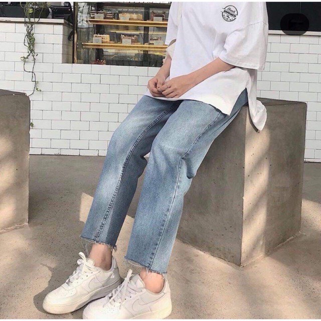 Quần Bò Baggy Nữ Lưng Cao Màu Xanh Nhạt Rách Gấu Basic Chất Liệu Jean Mền Mịn Dễ Mặc Dễ Phối 434