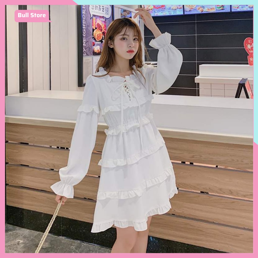 Đầm Nữ Tay Dài Buộc Nơ, Váy Công Sở Dự Tiệc Dáng Xòe Viền Tầng 66 | BigBuy360 - bigbuy360.vn