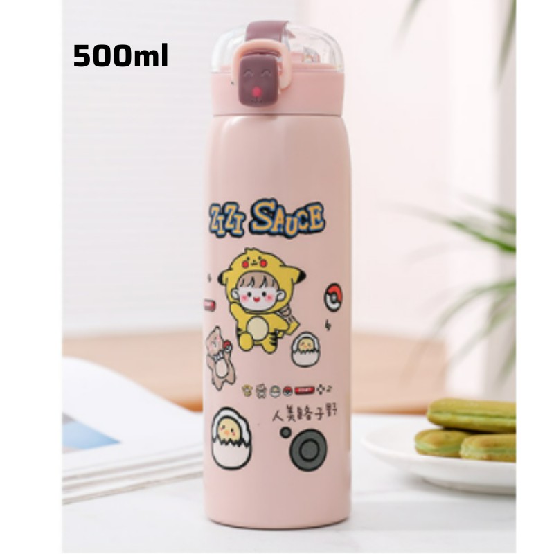 Bình giữ nhiệt cute 500ml bình nước inox 304 họa tiết dễ thương có ống hút