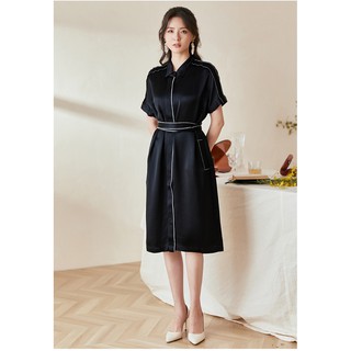 Đầm lụa phi đen viền trắng tay liền cổ sơ mi