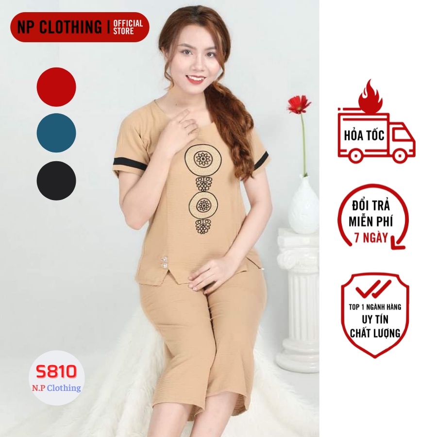 Bộ Trung Niên Mặc Nhà S810, Mẫu Đồ Lửng Trung Niên Nữ Cho Mẹ Mặc Ở Nhà Cổ Tròn Chất Đũi Thêu Mịn Mát Mẻ
