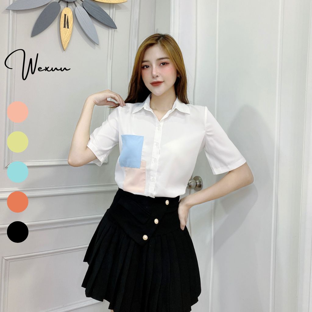 Áo sơ mi nữ Wexuu Design áo kiểu nữ trắng ngắn tay có túi cách điệu chất vải mềm mịn không nhăn- SK05 trắng