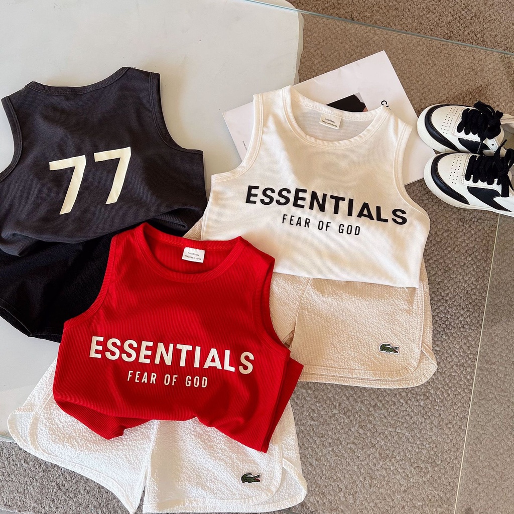 Bộ ba lỗ cho bé in chữ Esential chất cotton siêu cute, Đồ bộ cho bé từ 6-28kg MINKYSOON