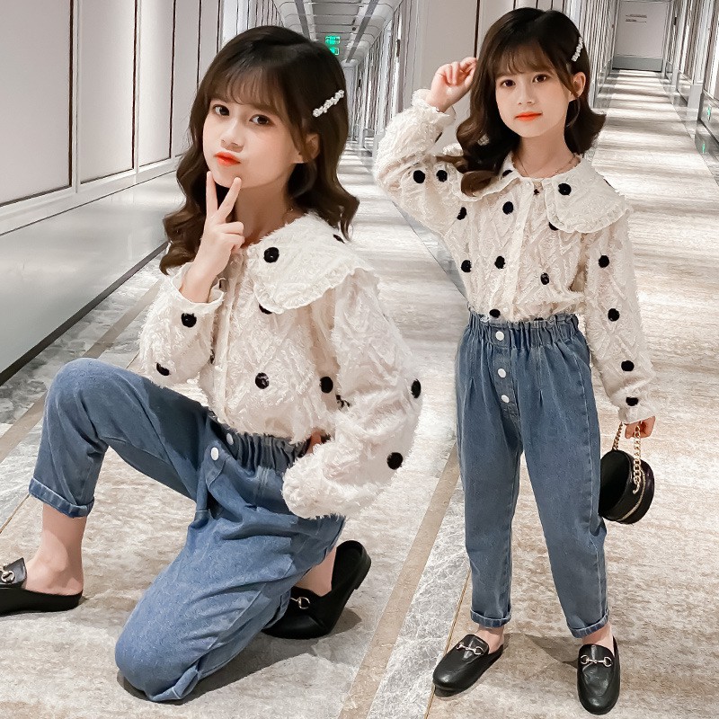 [SALE BV53⚡Size110-160 (12-45kg)⚡Đồ bộ cho bé gái, áo sơ mi + quần jean⚡Thời trang trẻ Em hàng quảng châu freeship