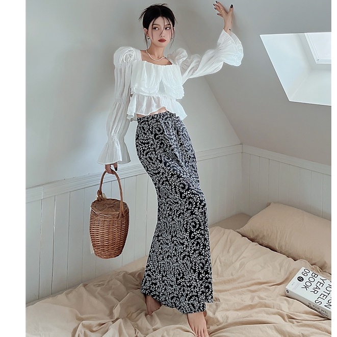 Set Áo Sơ Mi Trắng Tay Dài Phồng Cổ Tròn + Chân Váy Hoa Lưng Cao Xẻ Tà Phong Cách Hàn Quốc Thời Trang Mùa Thu Mới Cho Nữ