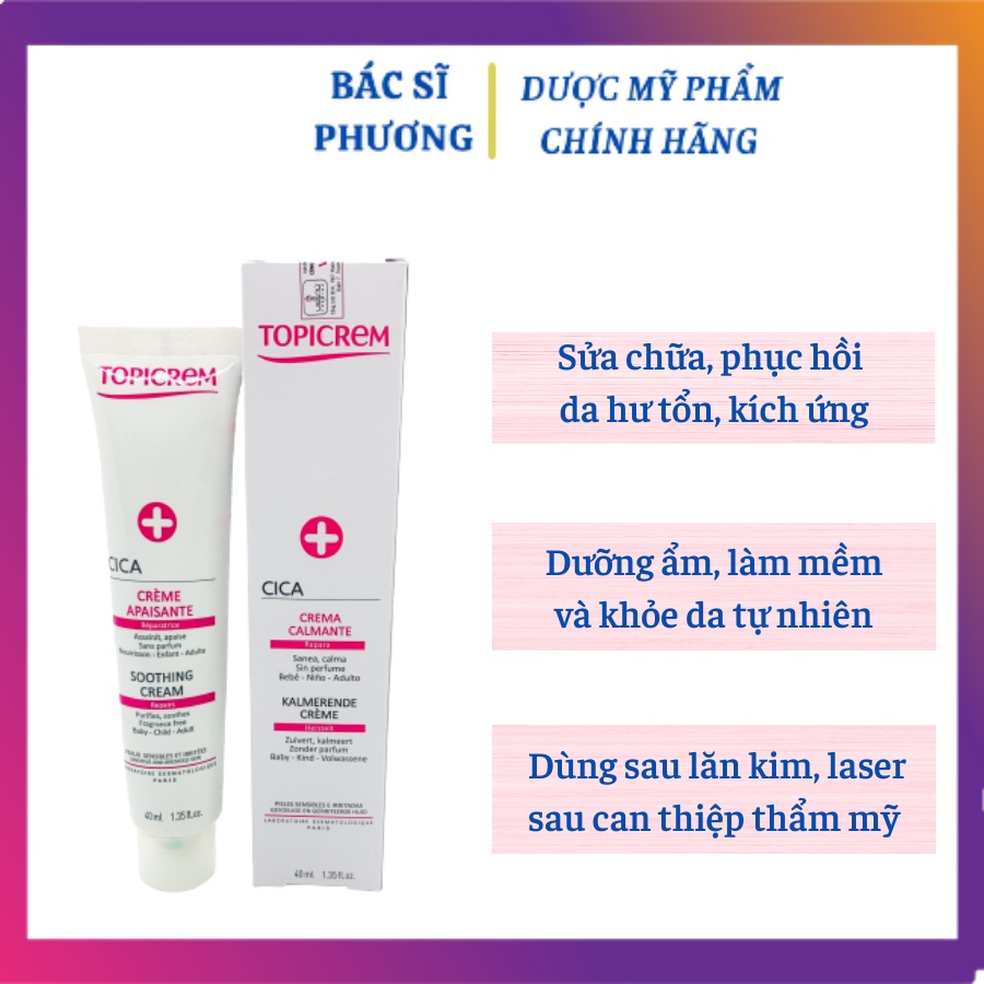 Kem dưỡng ẩm, phục hồi da hư tổn-Topicrem CICA Soothing Cream 40ml