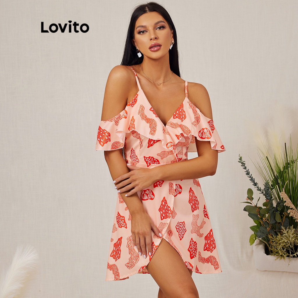 Đầm Lovito dây mảnh chiết eo viền phồng cổ V hở vai L18E025 (Màu cam nhạt)