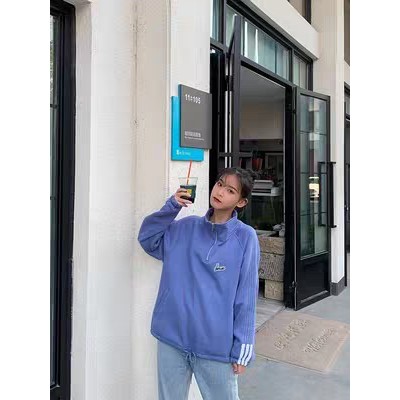 Áo sweater nỉ unisex nam nữ cổ cao kéo khóa có lót lông ấm mặc đông phong cách thể thao ulzzang