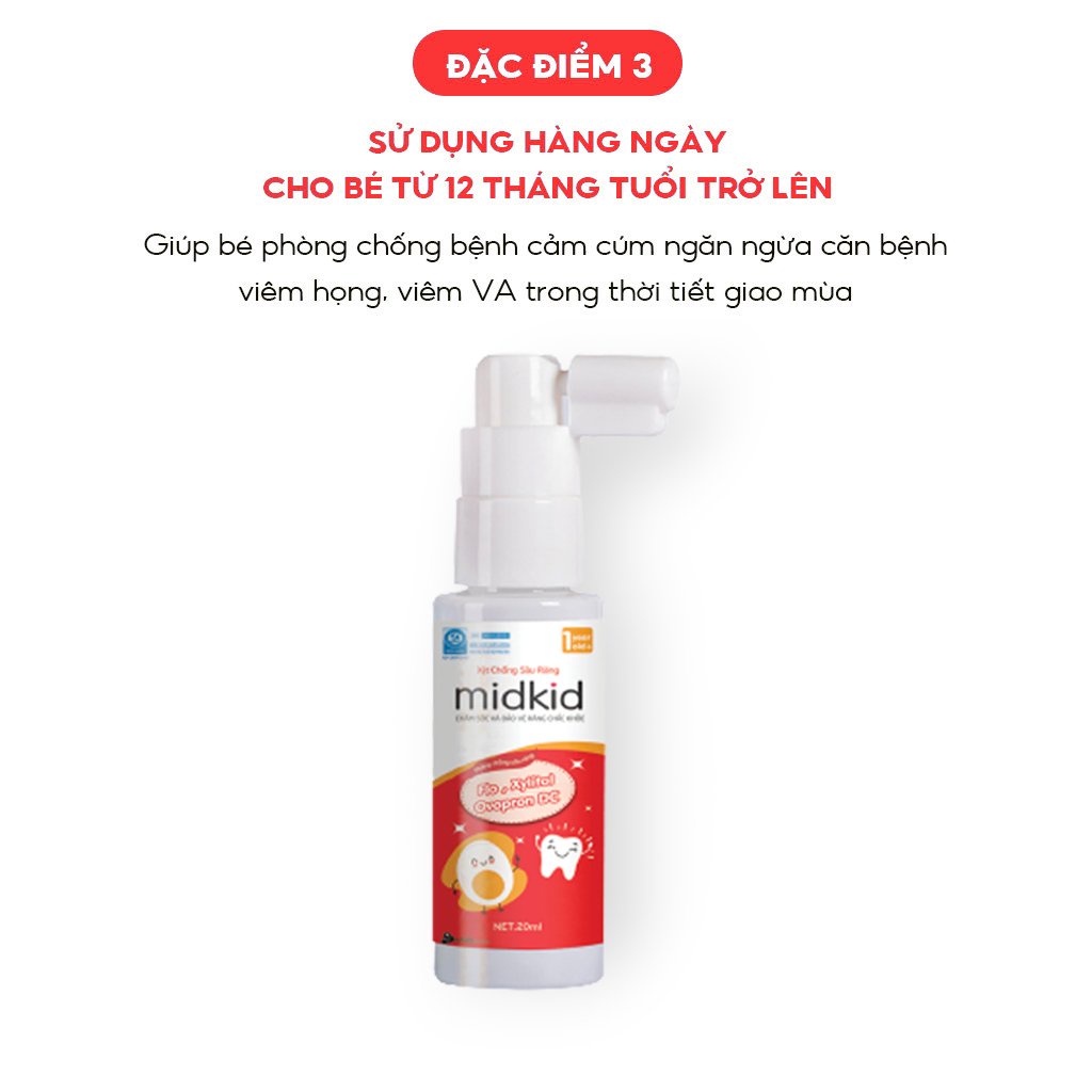 Xịt chống sâu răng MIDKID cho bé từ 1 tuổi, vị táo 20ml, nuốt an toàn, giúp làm sạch mảng bám, ố vàng và bảo vệ men răng