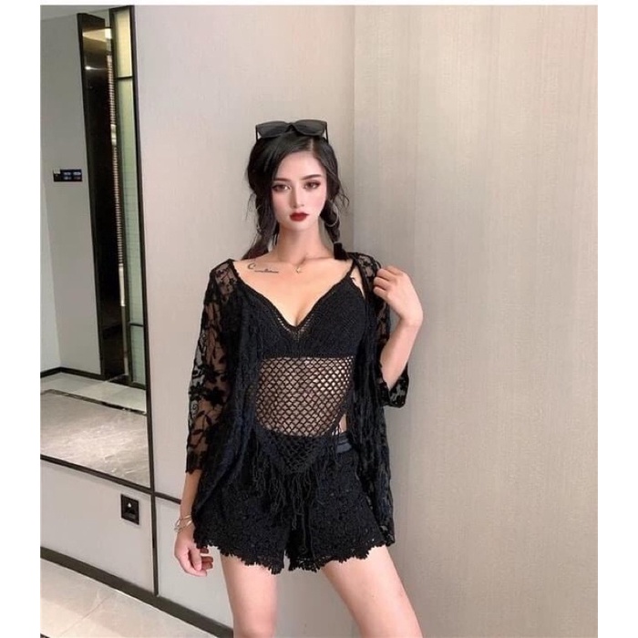 Bikini len đi biển áo tam giác tua rua mix quần len màu đen