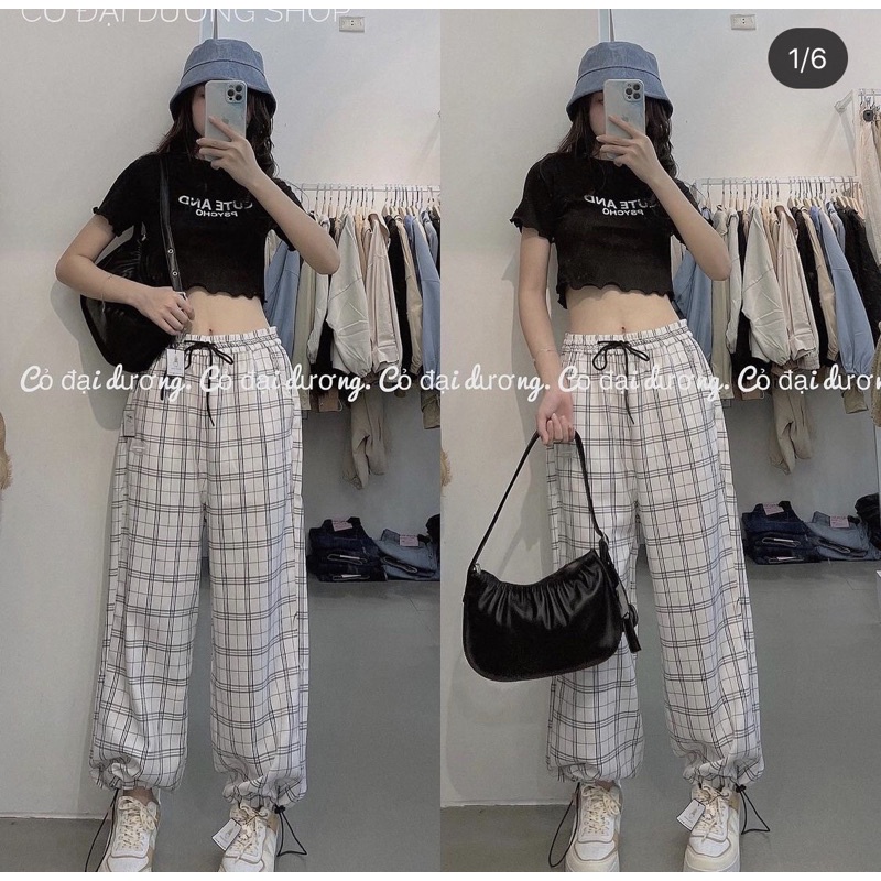 quần ống rộng caro mặc 2 kiểu