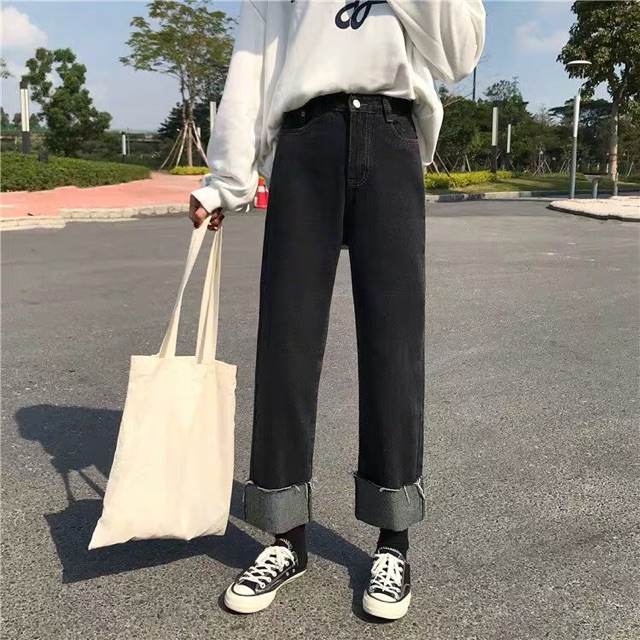 [Mã WASTMAY giảm 15% tối đa 30K đơn 150K] [ ỏrder] Quần Jeans đen ống suông ulzzang có bigsize / Quần Jeans cạp cao QC | BigBuy360 - bigbuy360.vn