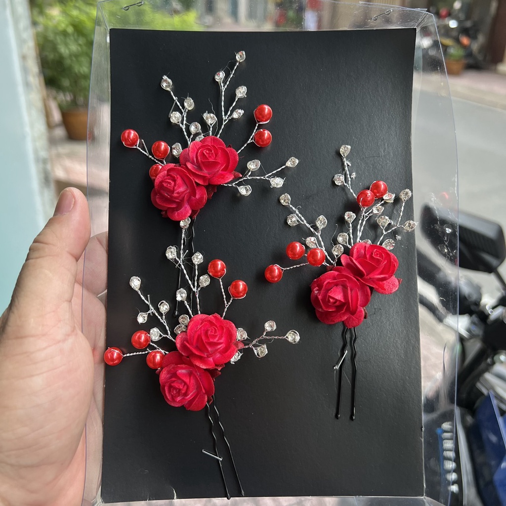 Bộ 3 trâm hoa hồng đỏ đính đá cài tóc cô dâu hoa to Giangpkc