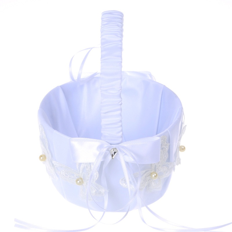 Giỏ Đựng Kẹo Cưới Vải Satin Phối Ren Hoa Và Bươm Bướm Xinh Xắn