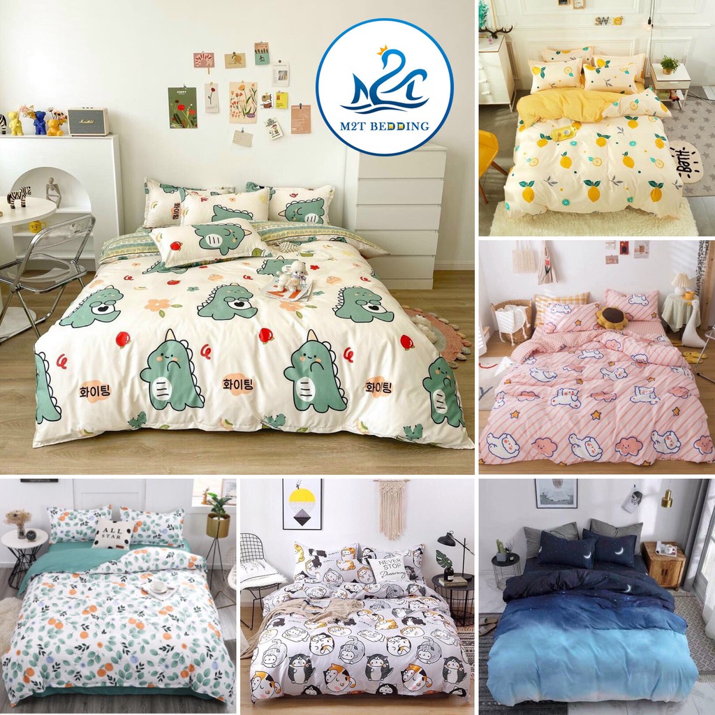 Bộ chăn ga Cotton poly hoa lá M2T Bedding chăn ga Hàn Quốc đủ size miễn phí bo chun drap ga giường