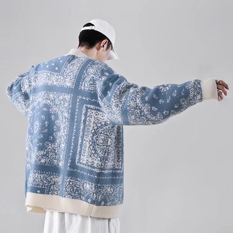 Áo khoác cardigan vải len dệt kim dáng rộng họa tiết hoa phong cách Hàn Quốc dành cho nam