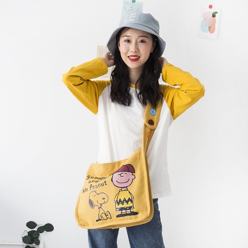 Túi Đeo Chéo Nữ Tote Vải Canvas In Hình Chú Chó Snoopy Và Mr Peanut Siêu Dễ Thương Rất Thích Hợp Khi Đi Học Và Đi Làm