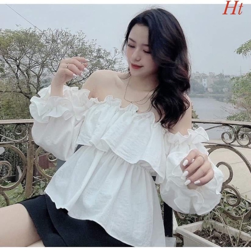 Áo trễ vai bánh bèo xếp lớp tay bồng H2A866