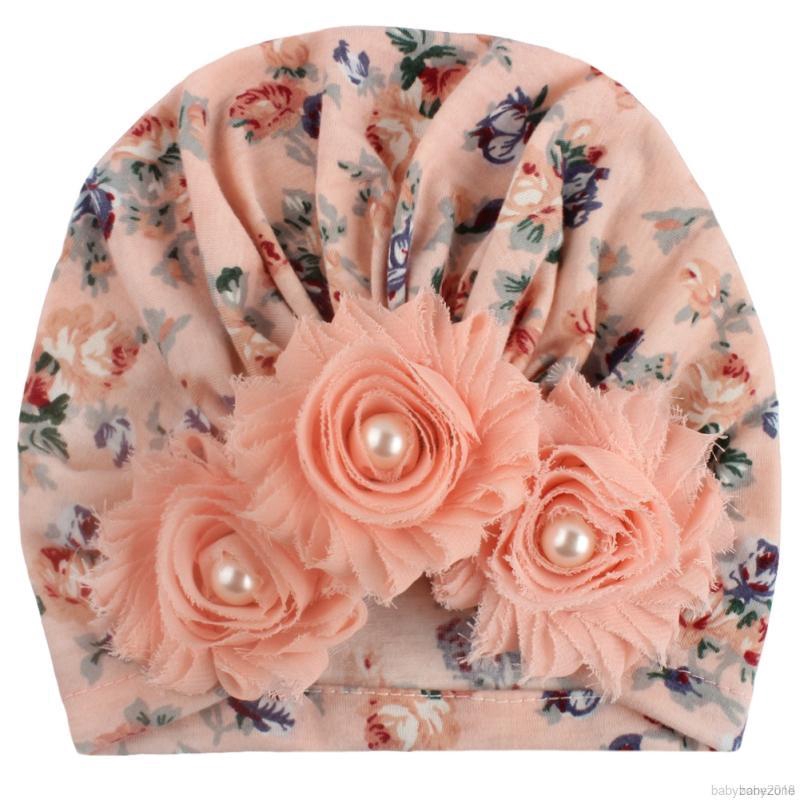 Mũ thun Turban đính hoa và ngọc trai cho bé gái sơ sinh