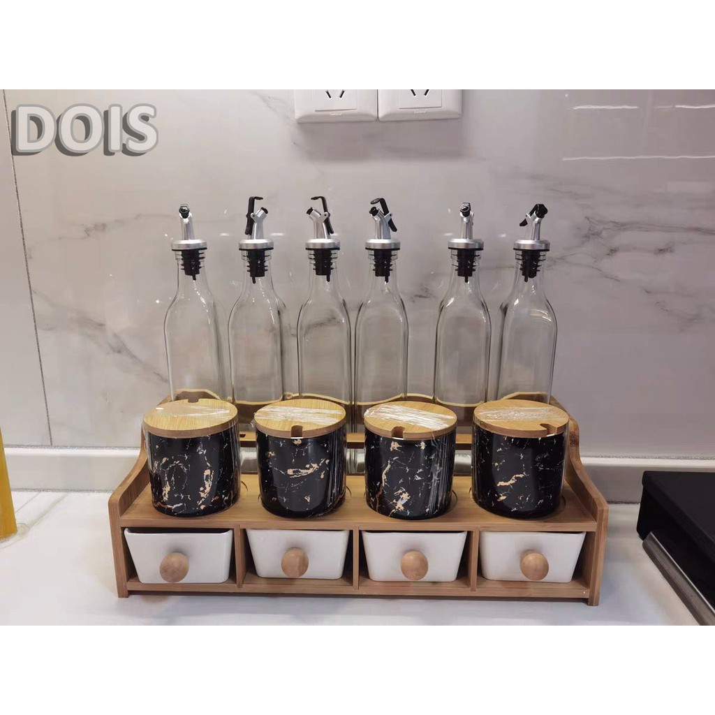 Full Bộ Kệ gỗ, Chai thủy tinh và Hũ đựng gia vị (mắm, muối, dầu ăn, mì chính....) cao cấp / DOIS | BigBuy360 - bigbuy360.vn