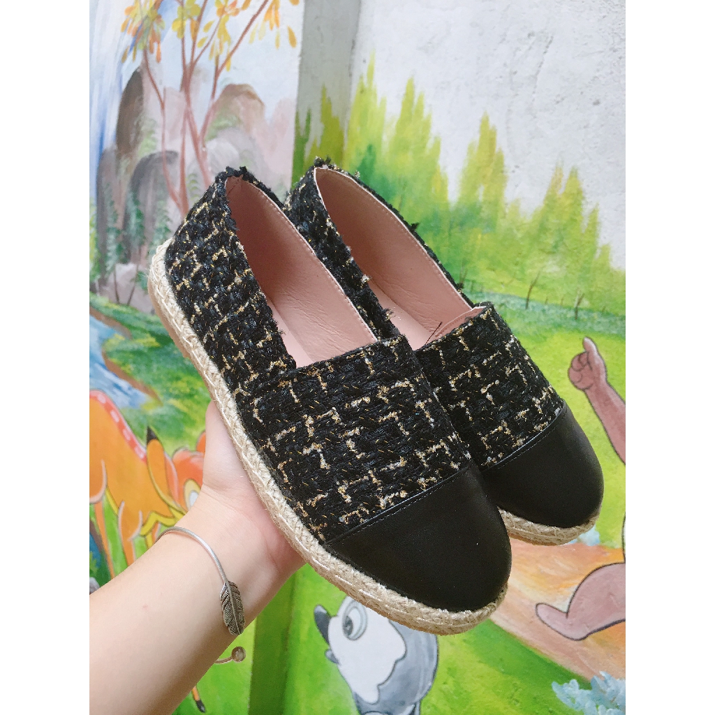 Giày Slip on Viền Cói Chất Vải Dệt Mũi Da (Fullbox M889)