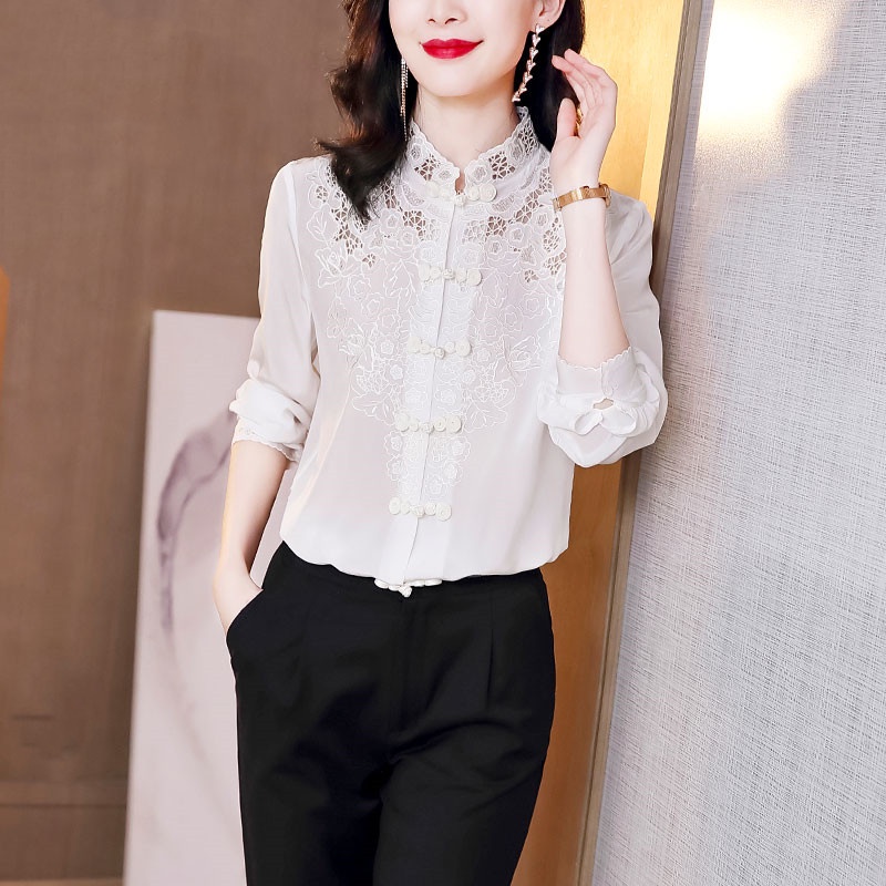 Áo Sơ Mi Giả Lụa Tay Dài Dáng Rộng Thêu Họa Tiết Thời Trang Cho Nữ