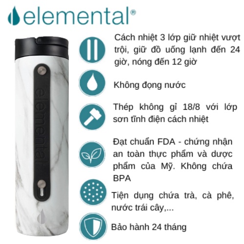 Bình giữ nhiệt Elemental sport 590ml màu vân đá, giữ nhiệt vượt trội, inox 304