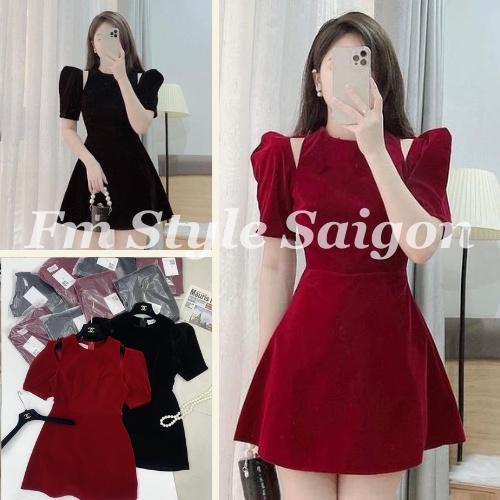 Đầm Nhung Đỏ Tay Phồng Xẻ Vai Tiểu Thư | Váy Nhung Xòe Tay Bồng Hàn Quốc Siêu Xinh | Fmstyle Saigon 211226002