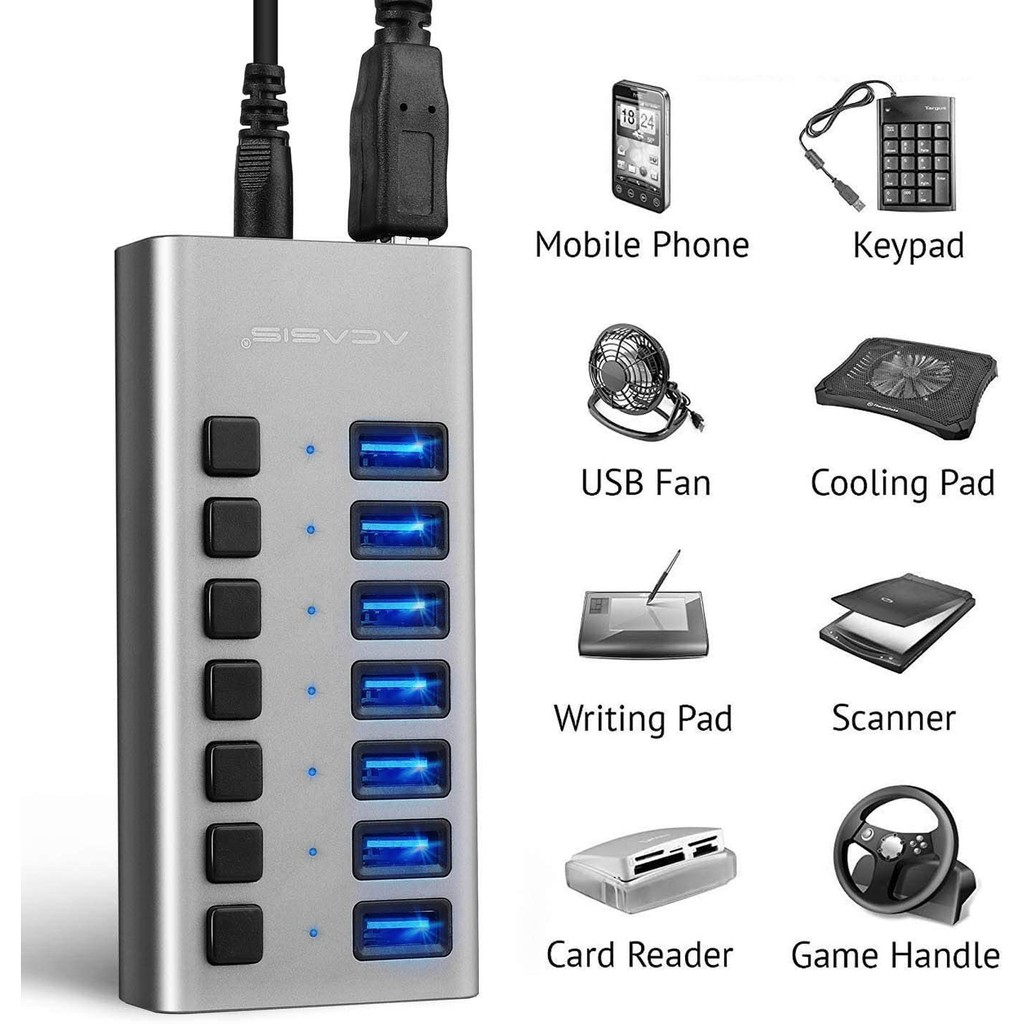 Bộ Chia 7 Cổng USB 3.0 ACASIS 12V / 2A Cho Laptop / PC / Máy Tính