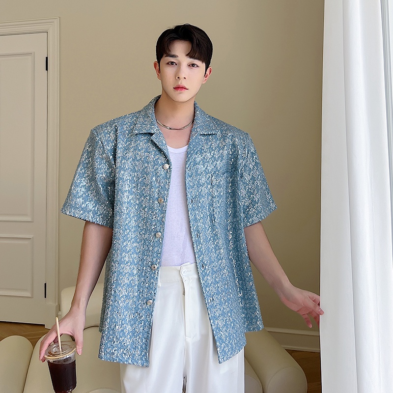 Áo Sơ Mi Denim Tay Ngắn Đính Kim Sa Lấp Lánh Phong Cách Phương Tây Thời Trang Mùa Hè Cho Nam