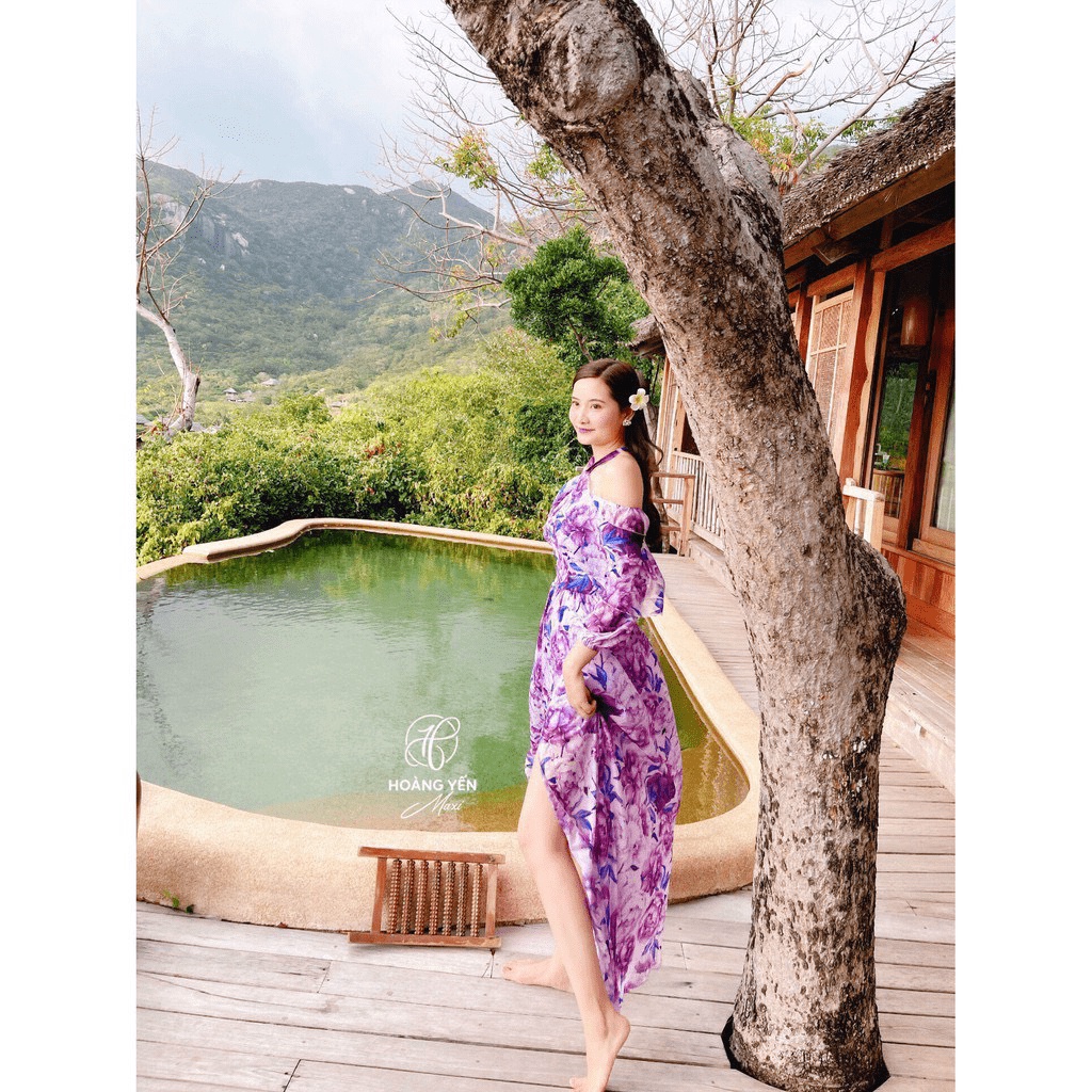 ĐẦM MAXI VOAN HOA MÀU THỦY CHUNG DÂY CỔ THANH TAO LẢ LƯỚT DÁNG XINH PU HHP FASHION