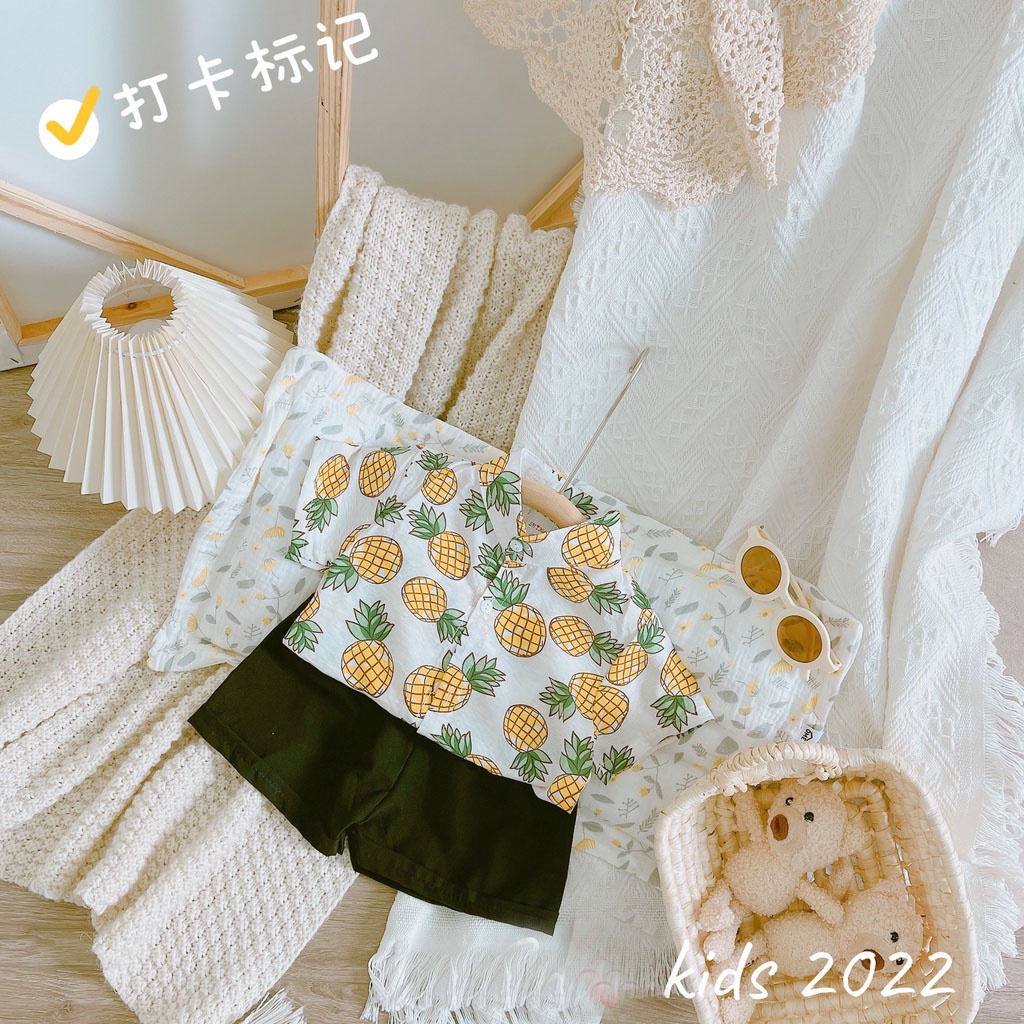 Bộ đi biển bé trai chất đũi cổ trụ in hoa lá mặc mùa hè cho bé trai Moon kids fashion