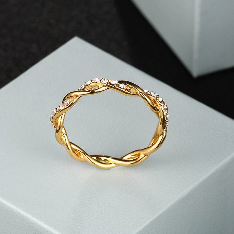 Womens Exquisite Thin Twisted Rhinestone Ring Gold Gift Ring Diamond CZ Elegant Single Ribbon Ring