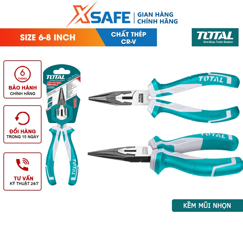 Kìm mũi nhọn mỏ dài cao cấp TOTAL size 6inch 8inch Kềm mỏ nhọn thép Cr-V chống rỉ sét, cong vênh, tay cầm cách điện