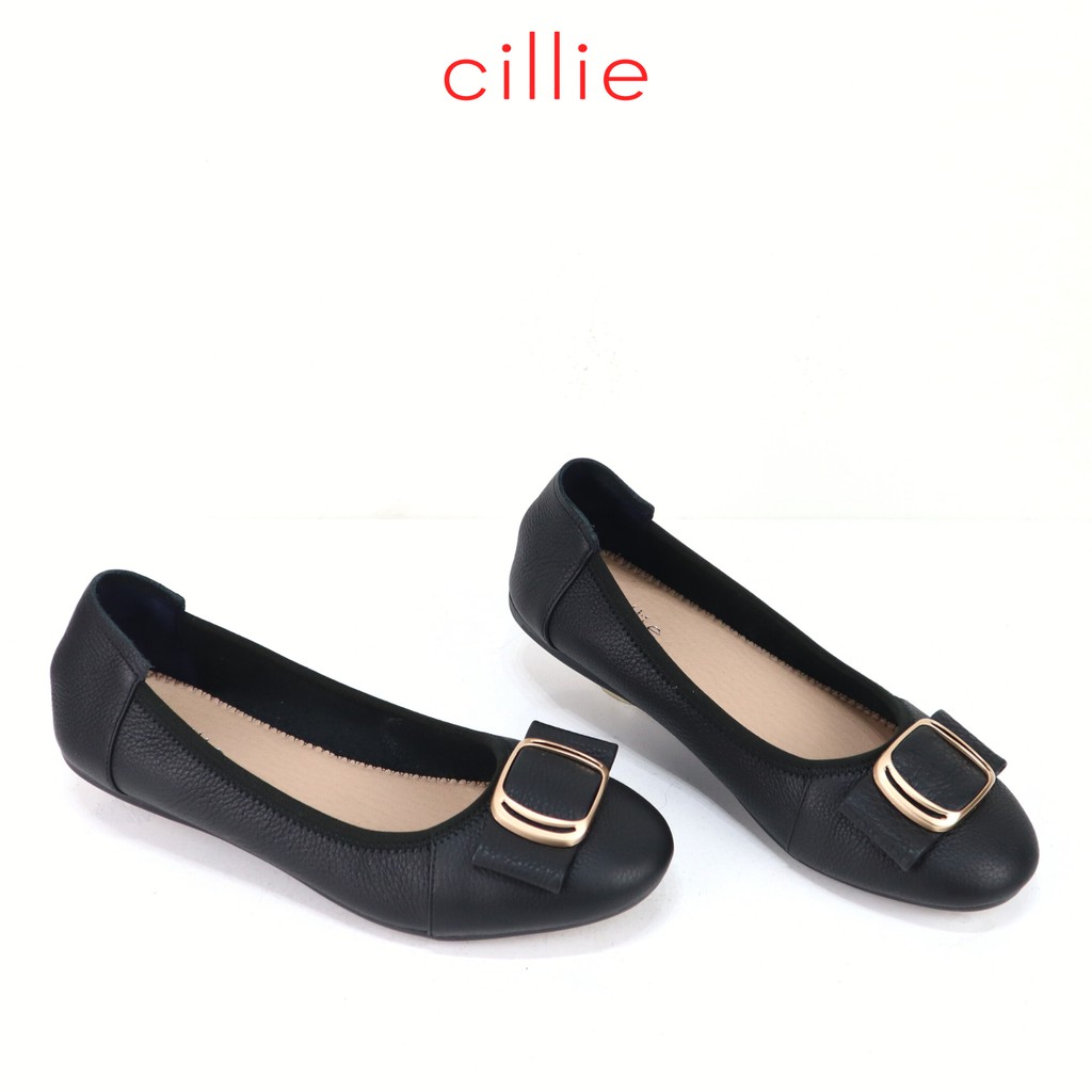 Giày búp bê nữ mũi tròn basic phối khóa độc đáo da thật êm mềm ôm chân đi học đi làm Cillie 1211