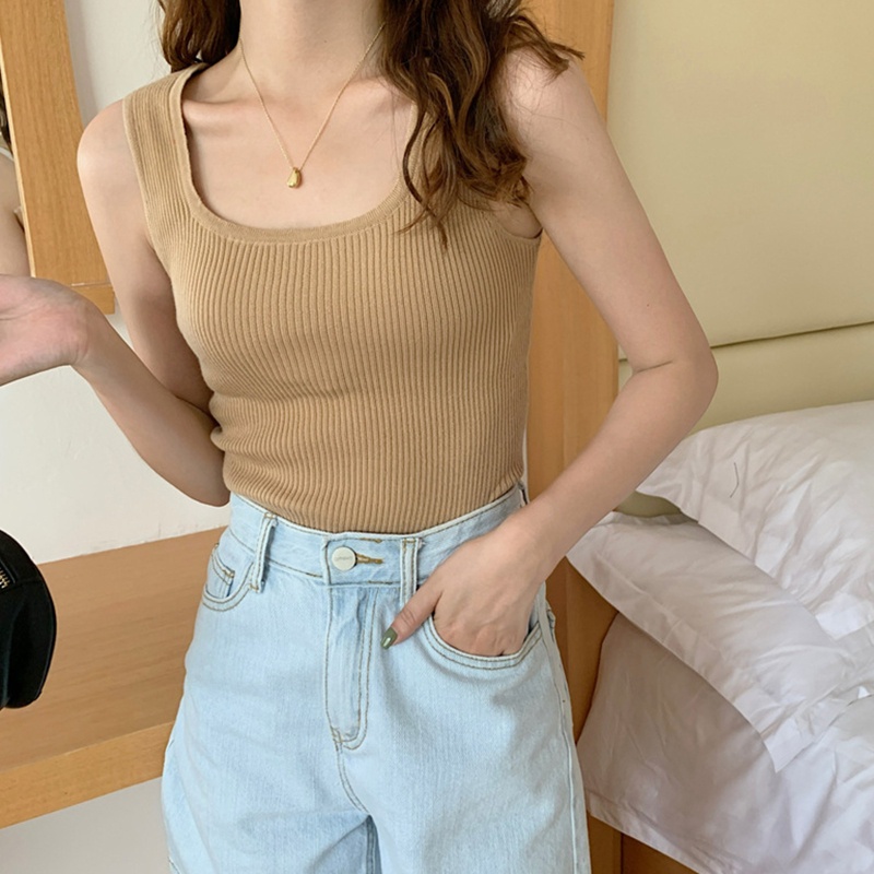 Áo Croptop Dệt Kim Hai Dây Cổ Vuông Màu Sắc Đơn Giản Thời Trang Mùa Hè Cho Nữ