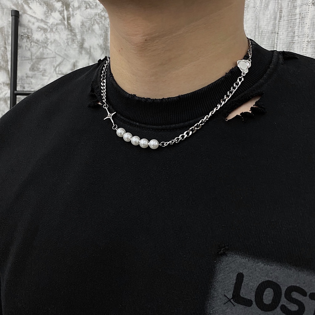 Vòng cổ đính hạt ngọc trai phong cách hip hop thời trang Hàn Quốc
