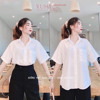 Áo sơ mi nữ đi học form rộng tay ngắn lỡ có túi dáng ulzzang freesize unisex kiểu áo sơ mi trắng nữ trơn đi học tay lỡ