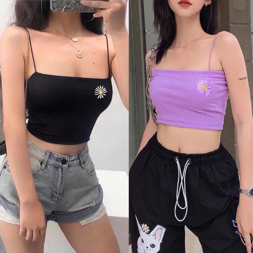 Áo croptop thêu bông hoa cúc xinh  hoa nhí Daisy cute, áo kiểu nữ hai dây mảnh ulzzang quây ống đẹp co giãn CROH 80 -5F