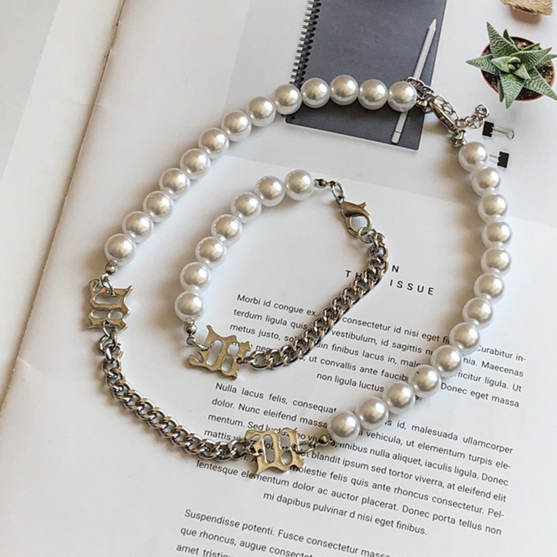 Vòng cổ choker/vòng tay xỏ hạt ngọc trai giả thời trang hiphop sành điệu