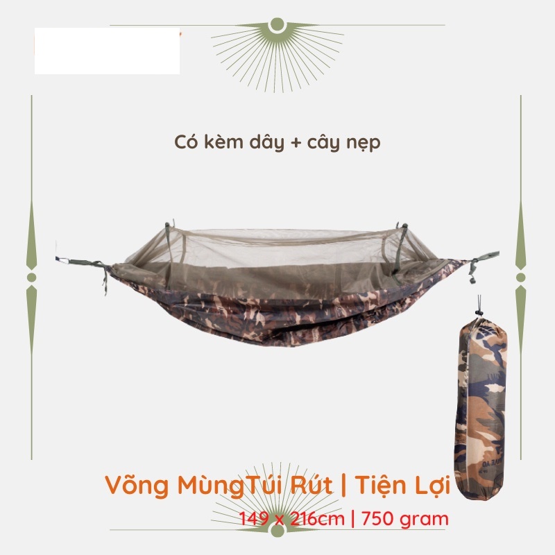 [NHỎ GỌN] Võng MùngTúi Rút | Tiện Lợi | Vải Trơn | Có Kèm Dây + Cây Nẹp | VT MART