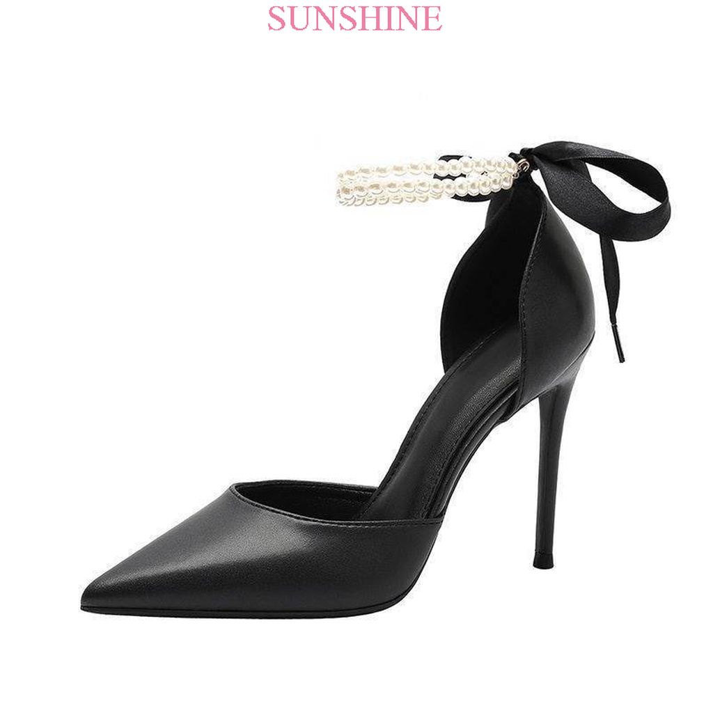 Giày cao gót mũi nhọn, cao gót bít mũi quai ngọc thắt nơ cao cấp Sunshine_Store A012