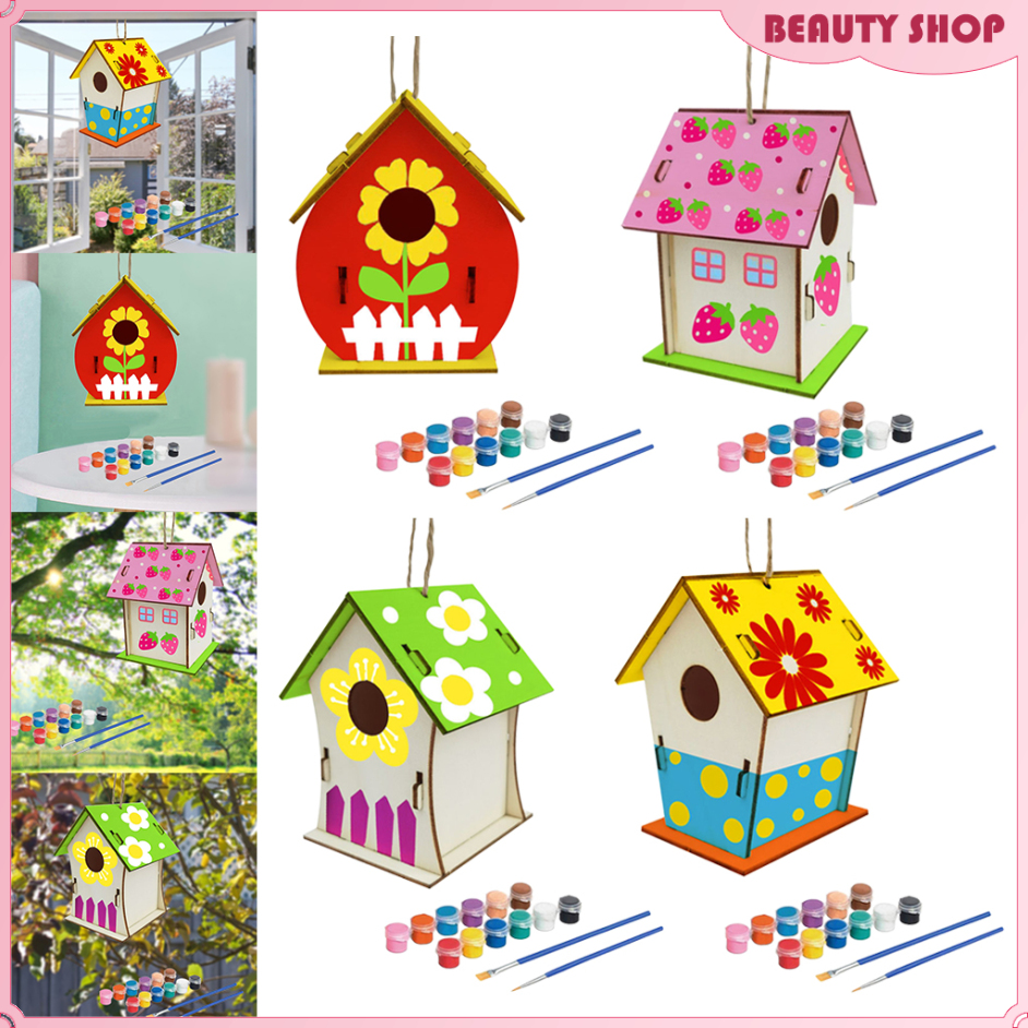 Art Craft Wood Toys 3D Painting Puzzle Bird House DIY Wooden Assembly Model Building Kits with 12 Color Pigments & Brush for Kid Educational Gifts