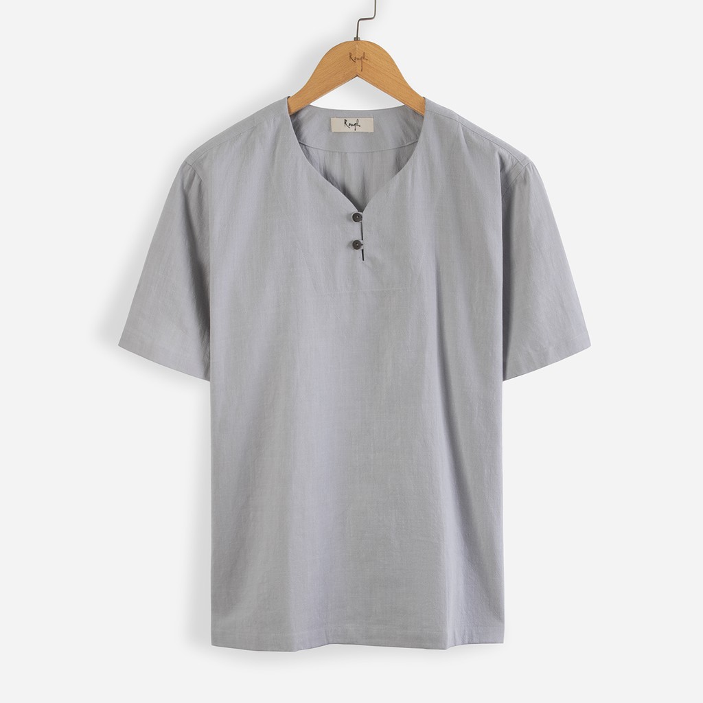 Áo linen chui cộc tay cổ V 2 nút cài Rough